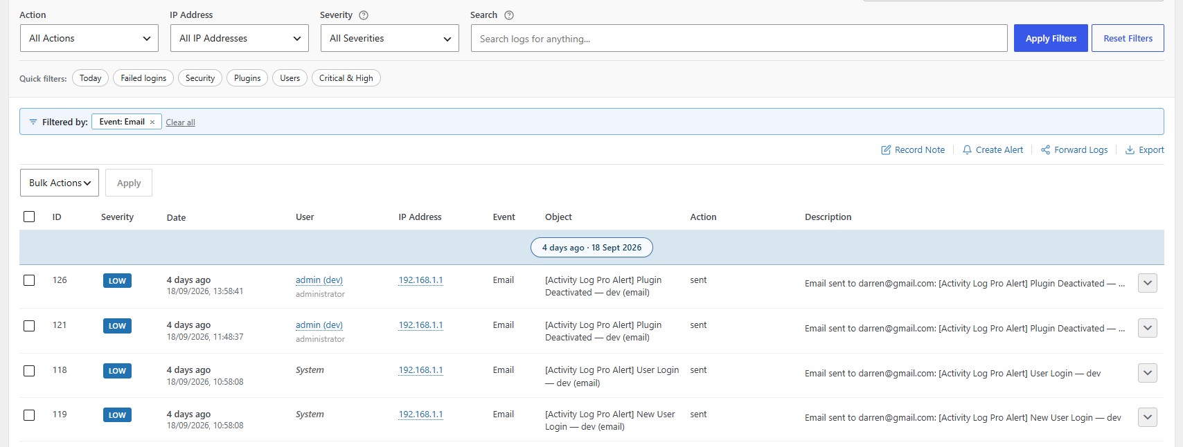 Email Logging shown in the Logs screen.